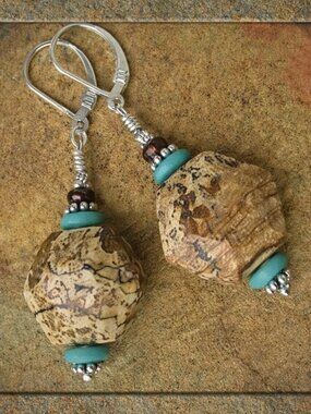 Picture Jasper Dangle Earrings, 925 Sterling Silver, Artisan Handcrafted